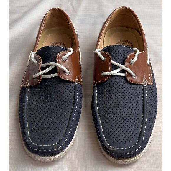 Amali Men’s Driving Moccasin Perforated Navy Brown Cushioned Foot Loafers Sz 10 - Picture 2 of 12